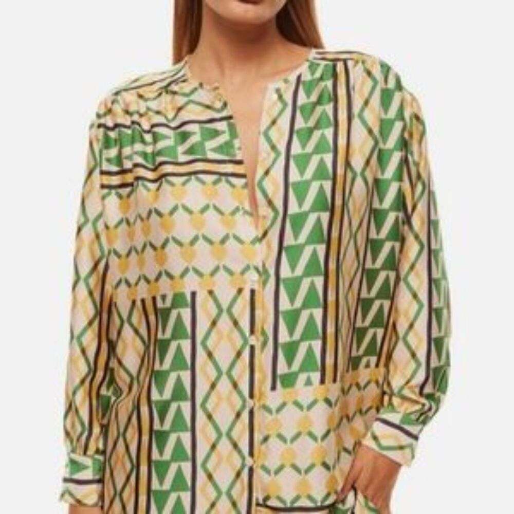 MISA Los Angeles Teodora Geometric Button Down Tunic Shirt S Limoncello Satin